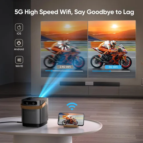 Vista 6 de [Diseño único de manija] Mini-proyector, mini proyector con WiFi 5G y Bluetooth, proyector portátil inteligente 1080P con pantalla táctil, proyector