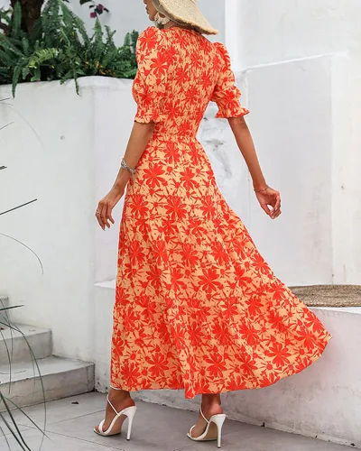 Vista 131 de BTFBM Vestidos para mujer, cuello redondo, casual, de verano, con volantes, manga corta, bohemio, con niveles, fruncido, largo, con estampado floral