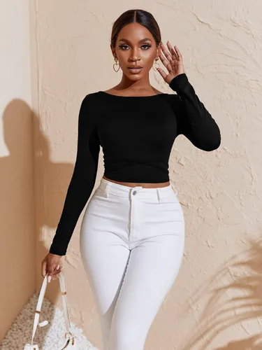 Vista 5 de Verdusa Camiseta corta de manga larga con espalda cruzada para mujer