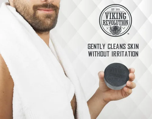 Vista 3 de Viking Revolution Jabón de carbón activado con agente limpiador de la piel para hombres con barro del mar muerto, cuerpo y cara, limpiador, puntos
