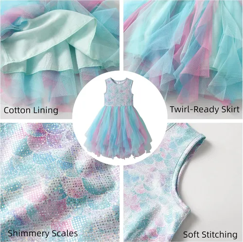 Vista 6 de VIKITA Vestido tutú para niñas pequeñas, falda de princesa de tul de sirena, traje de fiesta de cumpleaños de verano para niñas pequeñas de 3 a 8