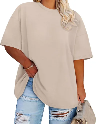 Vista 18 de Blusas de Talla Grande Casuales Camisetas Oversized para Mujeres Ajuste Holgado Cuello Redondo Blusas Camisetas Básicas de Verano Tees