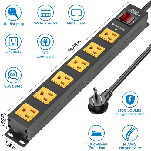 Vista 2 de CRST Paquete de 2 Protectores contra Sobretensiones de 6 Tomas 2100J con Interruptor, Regleta de Alimentación Resistente Montable de 15A/1875W