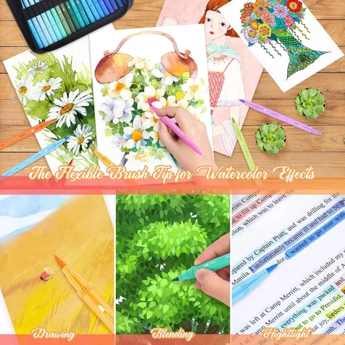 Vista 4 de Soucolor Suministros de arte para adultos, 72 colores de doble punta de pincel de punta fina, kit de arte de dibujo con estuche de arte