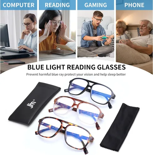 Vista 7 de JM Paquete de 3 lentes de lectura de aviador de gran tamaño para mujeres y hombres, retro cuadrados con luz azul para lectura de computadora