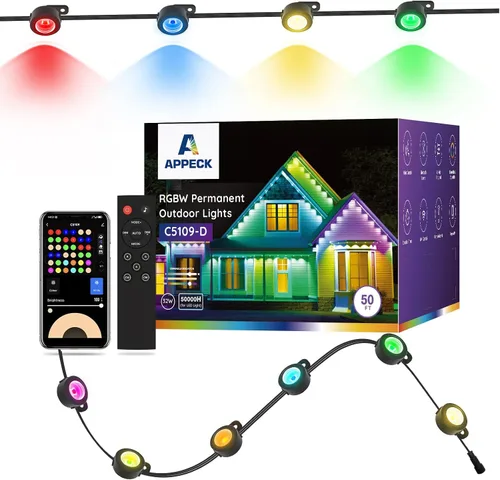 Vista 12 de APPECK Luces de exterior permanentes de 100 pies con 72 LEDs, modos de escena DIY, luces de cadena RGBW inteligentes impermeables, control por Negro