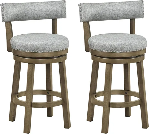 Vista 15 de COSTWAY Taburete de bar giratorio de 27 pulgadas, con respaldo acolchado y patas de madera de goma, silla de desayuno para isla de cocina