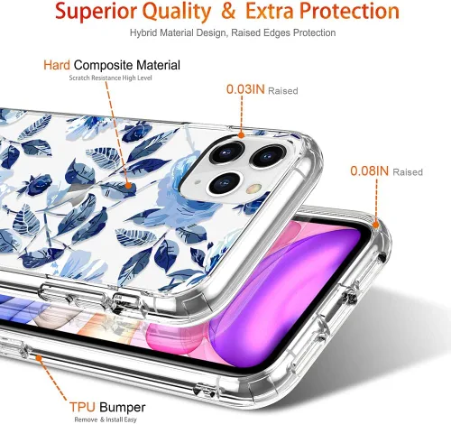 Vista 4 de Funda para iPhone 11 Pro Max con protector de pantalla, funda protectora transparente floral para niñas y mujeres, a prueba de golpes, funda rígida