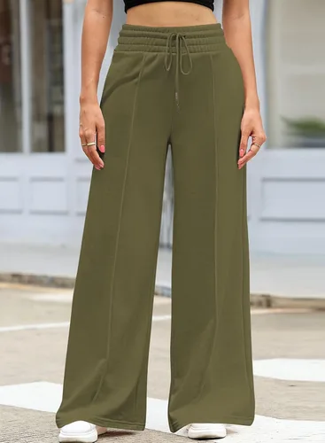 Vista 4 de Aleumdr Pantalones deportivos de cintura alta con cordón y pierna ancha con bolsillos, pantalones de yoga sueltos casuales para mujer