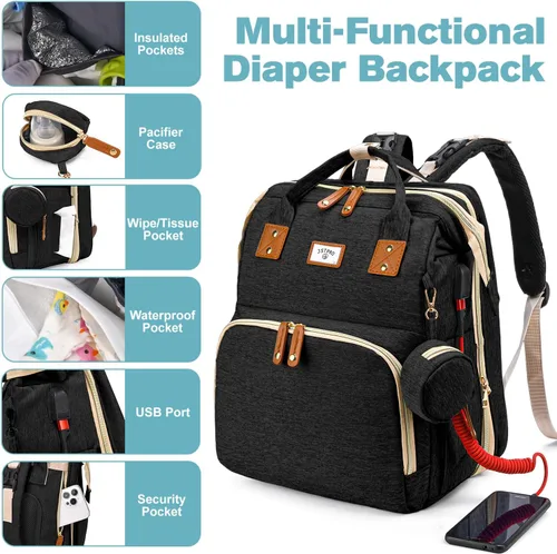Vista 6 de JSTPRO Mochila para pañales, bolsa de pañales grande impermeable y ligera con cambiador, bolsillos aislados, puerto USB, bolsa de viaje para mamá