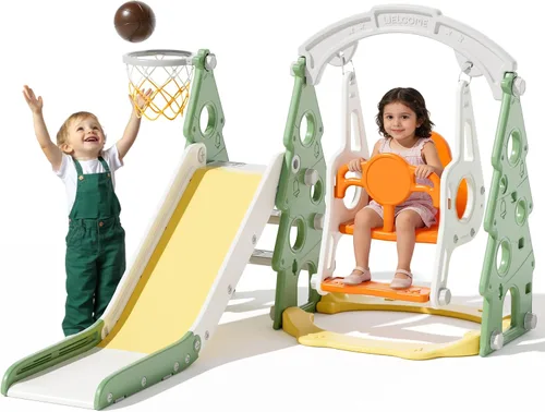 Vista 12 de XJD - Juego de tobogán y columpio 5 en 1 para niños pequeños, tobogán para niños de 1 año en adelante, juego de exterior para niños pequeños con aro