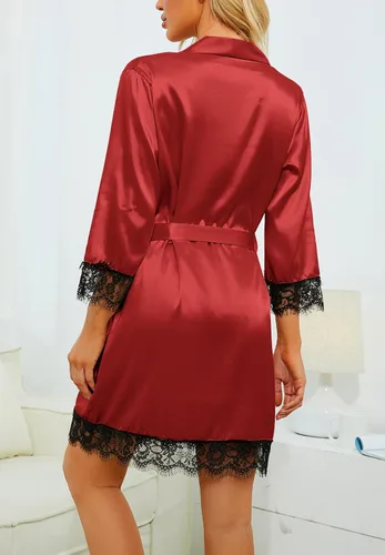 Vista 4 de LYANER Conjunto de pijama de 4 piezas para mujer con ribete de encaje floral satinado con bata