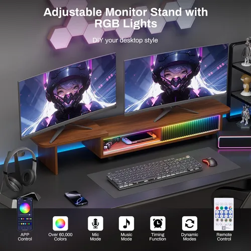 Vista 5 de Artswish - Soporte elevador para monitor con estación de carga y luz RGB, soporte ajustable de doble monitor para escritorio, estante de escritorio