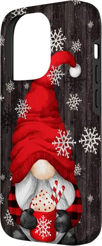 Vista 2 de iPhone 14 Pro Gnomo de Navidad rojo para mujeres con taza de cacao caliente lindo estuche de Navidad