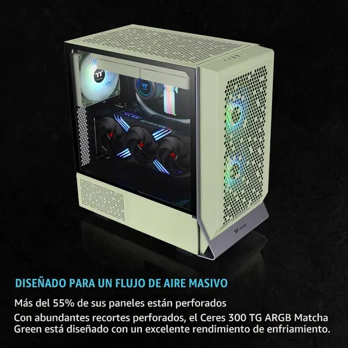 Vista 3 de Thermaltake Ceres 300 Matcha Green Mid Tower E-ATX carcasa para computadora con panel lateral de vidrio templado; 2 ventiladores CT140 ARGB