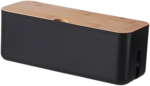Vista 6 de Wooden cover cable storage box designed for organizing power strips, chargers, and USB devices in office or home (White)