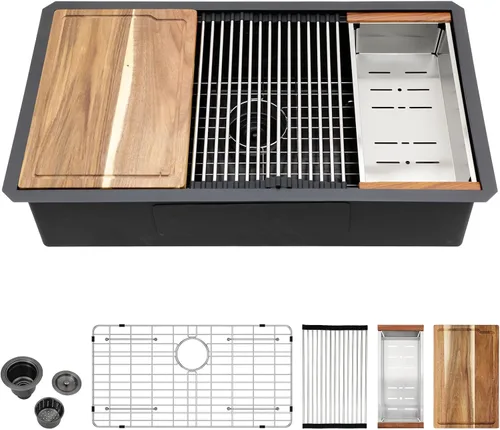 Vista 10 de Fregadero de 13 x 15 pulgadas negro para exteriores, estación de trabajo NANO PVD Gunmetal negro, calibre 16, acero inoxidable, hecho a mano, cuenco