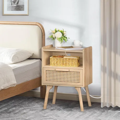 Vista 7 de Lerliuo Rattan Nightstand with Charging Station, Boho Night Stand Natural