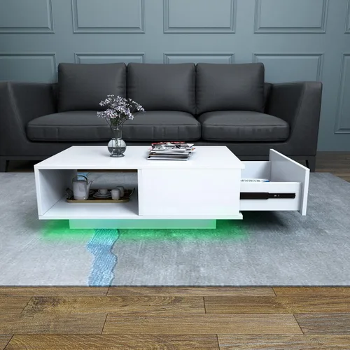 Vista 10 de COSVALVE Mesa de centro LED blanca brillante con 16 luces de colores, mesa auxiliar para sala de estar, moderna mesa de sofá brillante con cajón