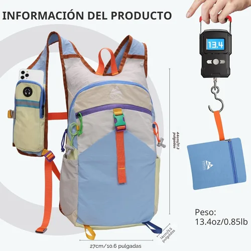 Vista 6 de Mochila de senderismo pequeña mochila de viaje de 15 L, colorida y ligera, plegable, plegable, mochila informal para mujeres y hombres