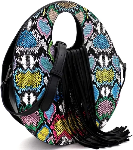 Vista 3 de Bolso bandolera con flecos de piel vegana con estampado de leopardo de serpiente