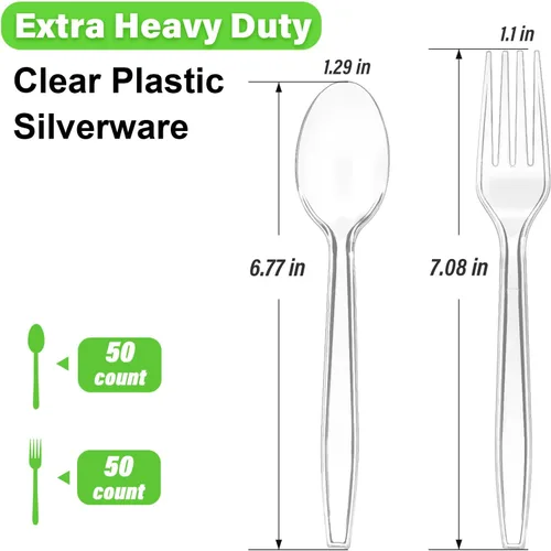 Vista 2 de 100 Count Extra Heavy Duty Clear Plastic Forks and Spoons Set