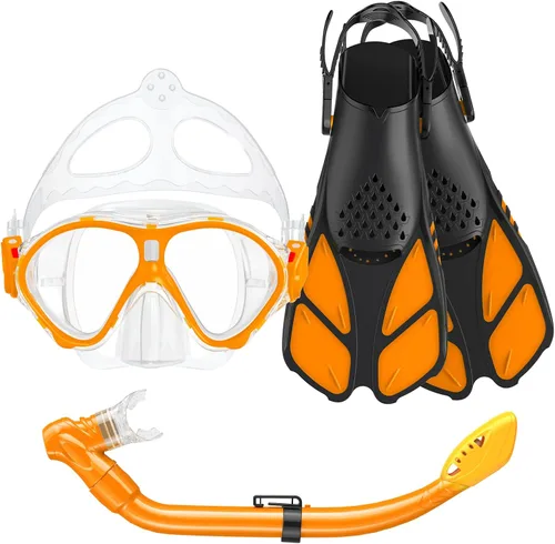 Vista 10 de Seovediary Juego de esnórquel para niños, máscara, aletas, equipo de esnórquel para niños, gafas de natación antiniebla con vista panorámica de 180