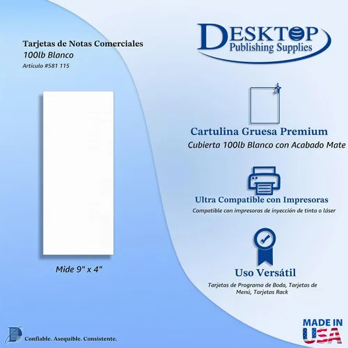 Vista 2 de Tarjetas de menú de boda blancas gruesas de 4 x 9 pulgadas – 100 tarjetas de menú de postre imprimibles, 100 libras (276 GSM) – Papel de programa