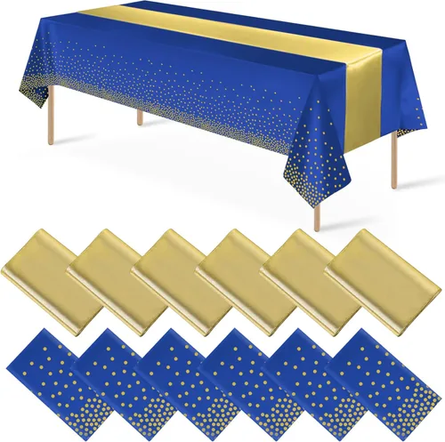 Vista 14 de 8 paquetes de manteles de plástico desechables y juego de camino de mesa de satén negro con dorado, mantel de satén dorado para graduación, boda