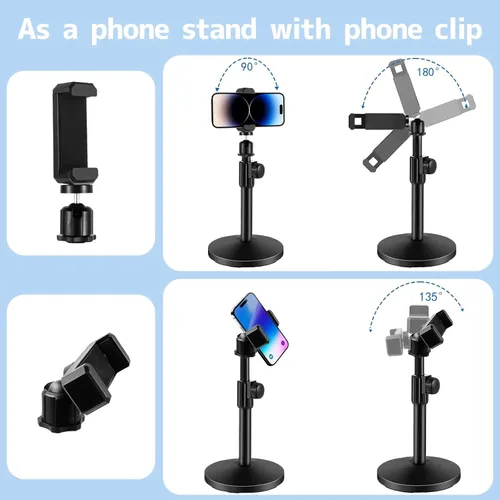 Vista 6 de BILIONE Soporte de micrófono de escritorio versátil, soporte de micrófono de mesa ajustable con clip de micrófono grande, clip para teléfono