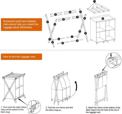 Vista 5 de Huhote Portaequipajes para habitación de invitados, soporte plegable para maleta con estante de almacenamiento de tela, soporte para equipaje