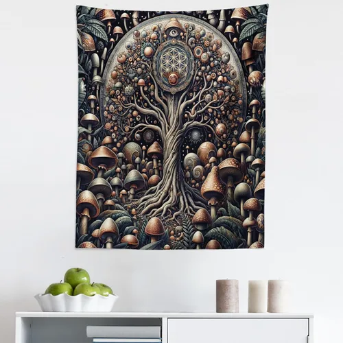Vista 71 de Ambesonne Tapiz hippie, abrazo de hongos de ensueño y árbol de la vida místico y mandal verde, decoración de tela para colgar en la pared