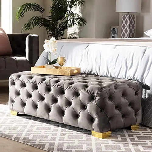 Vista 8 de Banco rectangular para el extremo de la cama, de terciopelo, tapizado con botones, lujoso banco de noche, verde, 39 x 20 x 16 pulgadas