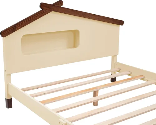 Vista 6 de Quarte Cama de plataforma de madera de tamaño matrimonial para niños con cabecera en forma de casa y luces nocturnas activadas por movimiento,