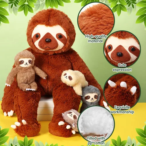 Vista 4 de Kasyat Juego de 5 juguetes de peluche de perezoso de 13 pulgadas con 4 lindos peluches de bebé en vientre con cremallera para niños, regalos