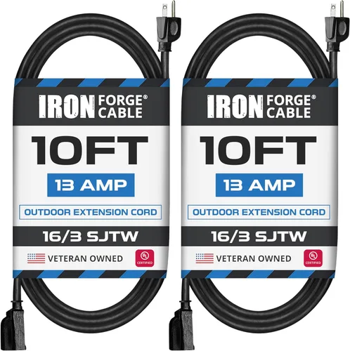Vista 8 de Iron Forge Cable Paquete de 2 cables de extensión negros de 3 pies, cable de extensión de 16/3, 3 pies, 3 puntas, resistente a la intemperie, ideal