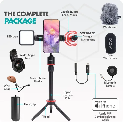 Vista 6 de Movo iVlog1 Kit de Vlogging - Kit de inicio de YouTube compatible con iPhone Lightning, micrófono de escopeta, mini trípode, luz LED, lente gran