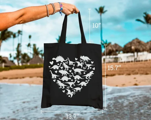Vista 3 de Bolsa de lona de dinosaurio para mujer, diseño estético de corazón, reutilizable, bolsa de compras, regalos divertidos