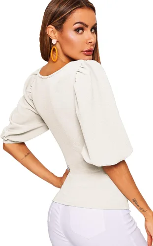 Vista 3 de ROMWE Blusa corta de manga abombada para mujer con cuello cuadrado, ajuste entallado