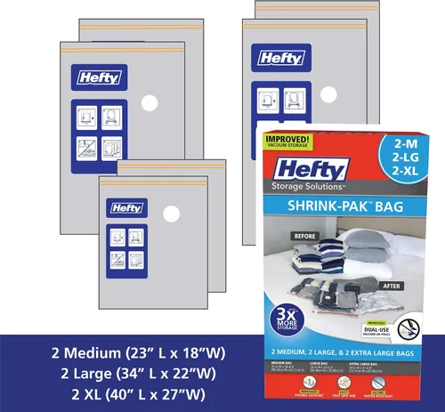 Vista 2 de Hefty Shrink-Pak - 2 bolsas de almacenamiento con sellado al vacío medianas, 2 grandes, 2 XL, bolsas ahorradoras de espacio para ropa, almohadas
