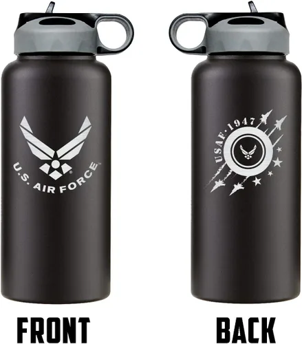 Vista 4 de Military Gift Shop Botella de agua aislada de acero inoxidable de la Fuerza Aérea de 32 onzas con logotipo grabado de la USAF – Regalos de la Fuerza
