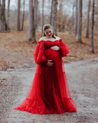 Vista 5 de Vestido de tul para baby shower, con volantes, vestido de maternidad para sesión de fotos, manga larga, vestidos de maternidad para sesión de fotos