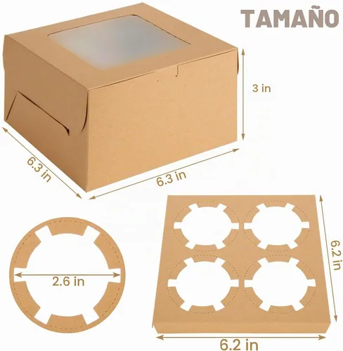 Vista 2 de 100 cajas para magdalenas, 4 recipientes para cupcakes, cajas de papel kraft marrón para cupcakes, cajas de golosinas con inserto, 4 cavidades