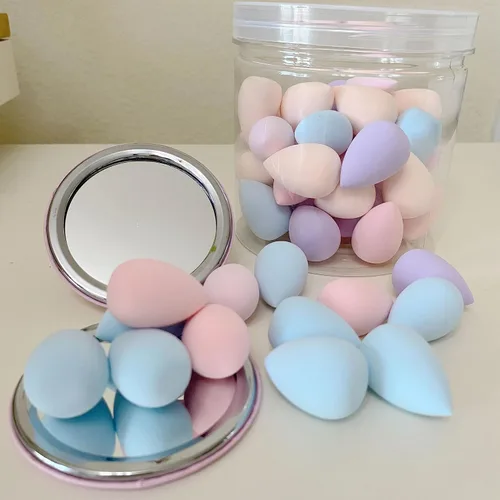 Vista 2 de 50 mini esponjas de maquillaje pequeñas y soplete de polvo con espejo de maquillaje, licuadora de belleza multicolor, esponja de maquillaje