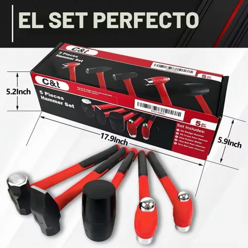 Vista 2 de C&T Juego de Martillos de 5 Piezas, Martillo de Bola de 16oz Martillo de Bola de 32oz Mazo de Goma de 32oz Martillo de Trineo de 3lb