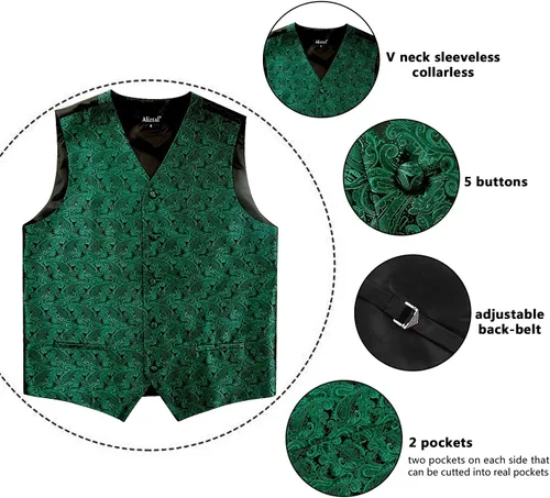 Vista 5 de Alizeal Chaleco de traje de cachemira para hombre, corbata de lazo autoatada, conjunto de corbata y bolsillo cuadrado de 3.5in