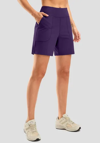 Vista 3 de SANTINY Bermudas de 6 pulgadas para mujer con bolsillos, pantalones cortos de cintura alta para correr