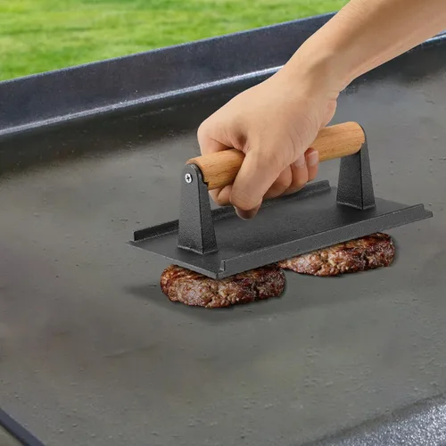 Vista 4 de BBQ Accessories - Cubierta redonda de acero inoxidable de 12 pulgadas, cúpula de fusión de queso, kit de prensa rectangular de hierro fundido