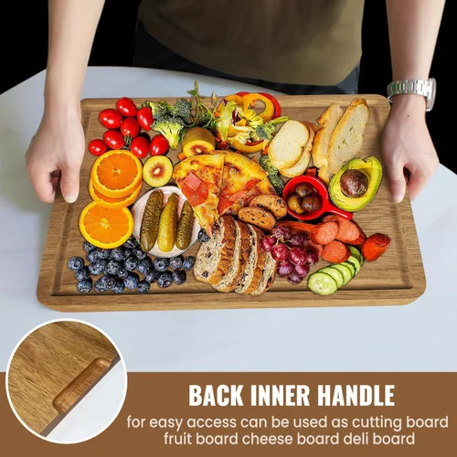 Vista 5 de Juego de 4 tablas de cortar de madera de acacia para cocina, tabla de cortar grande de madera con ranura para jugo, tabla de charcutería, tabla