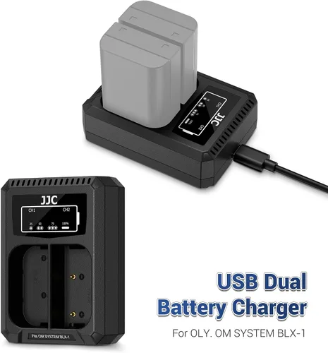 Vista 2 de JJC BLX-1 Cargador de batería USB de doble ranura para cámaras Olympus OM-1 Mark II OM1 OM-3 OM3, cable de carga USB a USBC, con protección contra